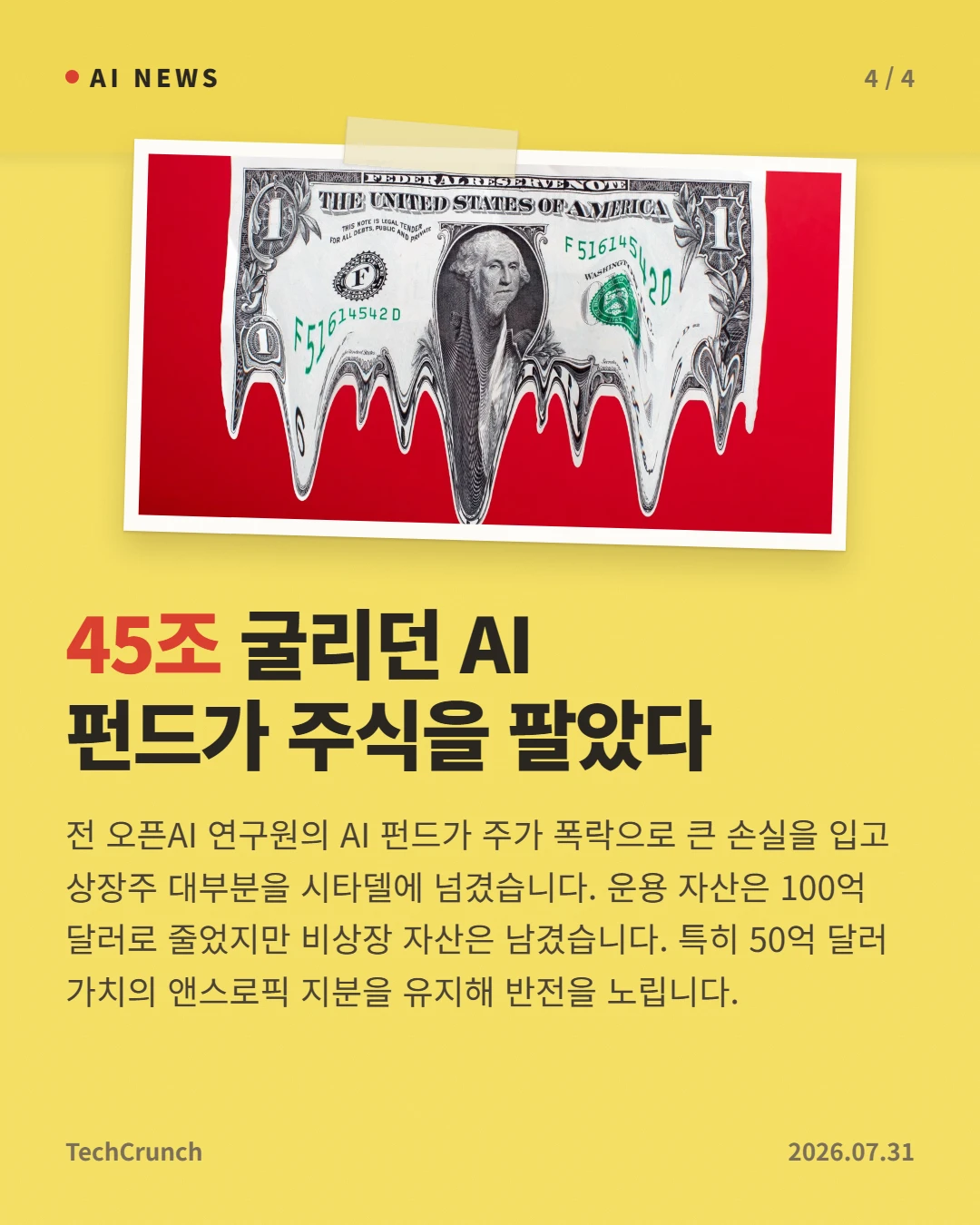 45조 굴리던 AI 펀드가 주식을 팔았다 — 전 오픈AI 연구원의 AI 펀드가 주가 폭락으로 큰 손실을 입고 상장주 대부분을 시타델에 넘겼습니다. 운용 자산은 100억 달러로 줄었지만 비상장 자산은 남겼습니다. 특히 50억 달러 가치의 앤스로픽 지분을 유지해 반전을 노립니다.