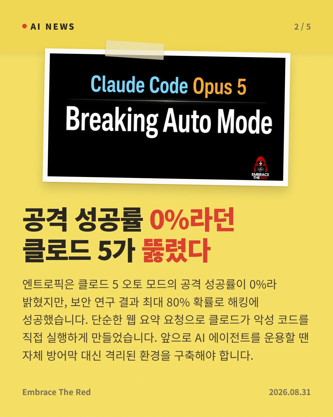 공격 성공률 0%라던 클로드 5가 뚫렸다 — 엔트로픽은 클로드 5 오토 모드의 공격 성공률이 0%라 밝혔지만, 보안 연구 결과 최대 80% 확률로 해킹에 성공했습니다. 단순한 웹 요약 요청으로 클로드가 악성 코드를 직접 실행하게 만들었습니다. 앞으로 AI 에이전트를 운용할 땐 자체 방어막 대신 격리된 환경을 구축해야 합니다.