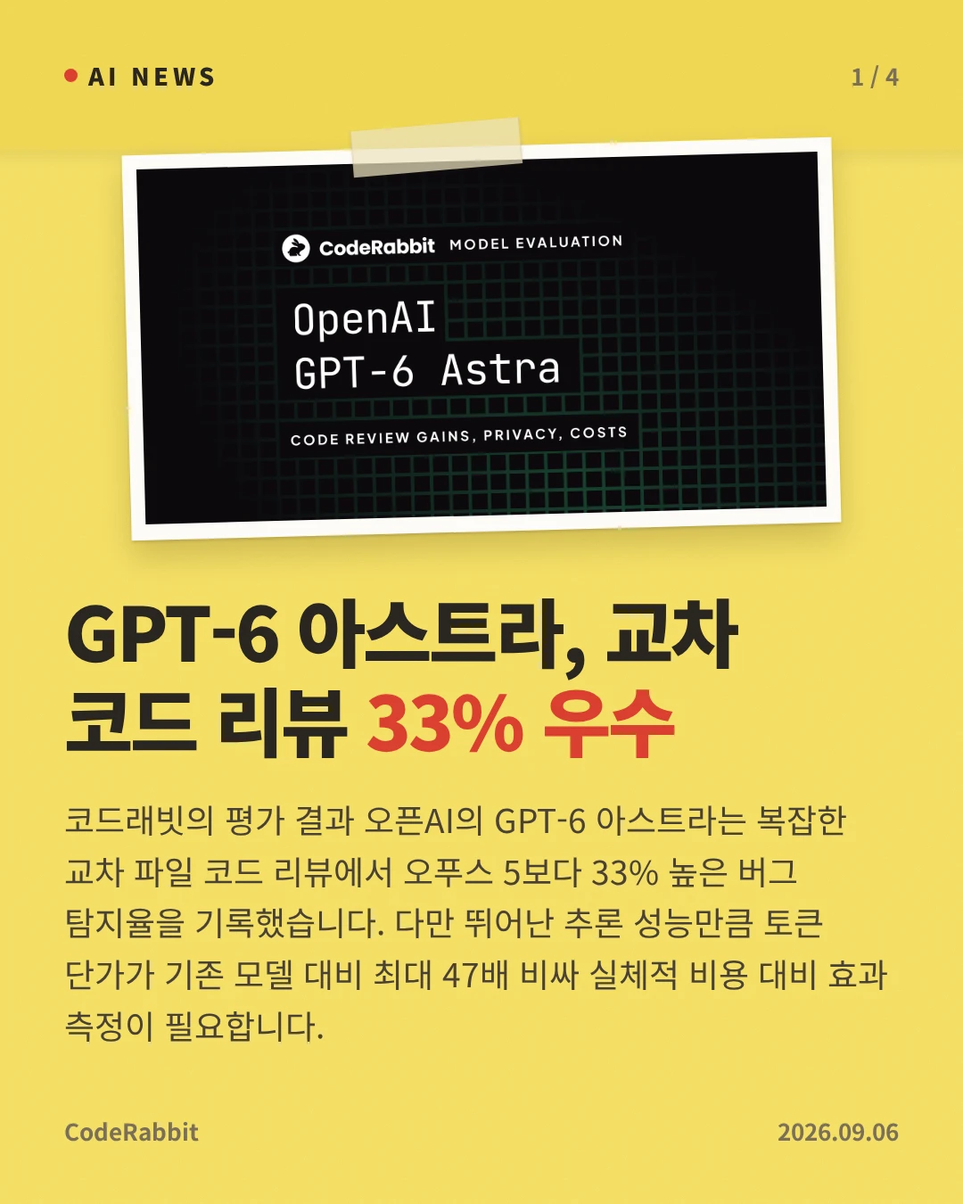 GPT-6 아스트라, 교차 코드 리뷰 33% 우수 — 코드래빗의 평가 결과 오픈AI의 GPT-6 아스트라는 복잡한 교차 파일 코드 리뷰에서 오푸스 5보다 33% 높은 버그 탐지율을 기록했습니다. 다만 뛰어난 추론 성능만큼 토큰 단가가 기존 모델 대비 최대 47배 비싸 실체적 비용 대비 효과 측정이 필요합니다.