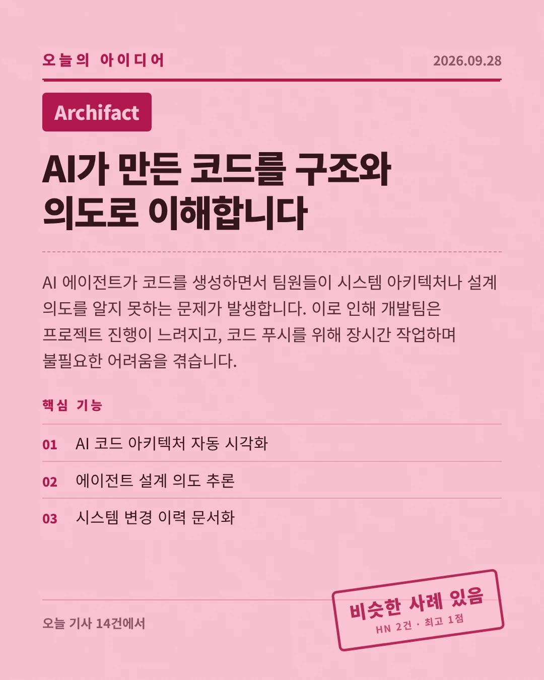 Archifact — AI가 만든 코드를 구조와 의도로 이해합니다 — AI 에이전트가 코드를 생성하면서 팀원들이 시스템 아키텍처나 설계 의도를 알지 못하는 문제가 발생합니다. 이로 인해 개발팀은 프로젝트 진행이 느려지고, 코드 푸시를 위해 장시간 작업하며 불필요한 어려움을 겪습니다. — AI 코드 아키텍처 자동 시각화 — 에이전트 설계 의도 추론 — 시스템 변경 이력 문서화 — 오늘 기사 14건에서